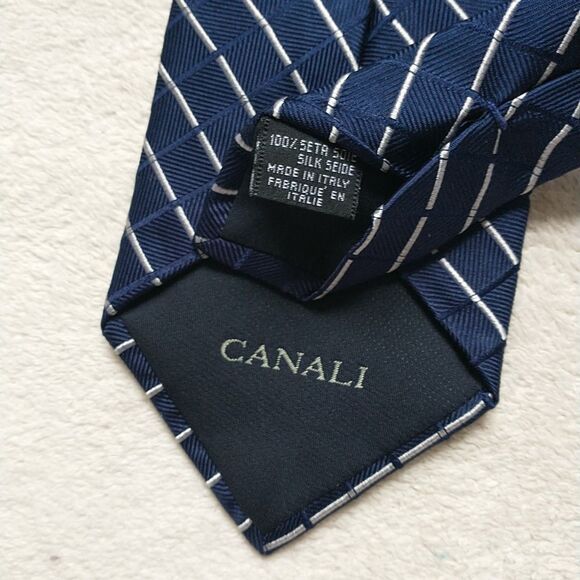 Canali NeckTie Rep Tie Silk Blue White Striped Check Jacquard Italy 3.5x56" - Picture 7 of 8